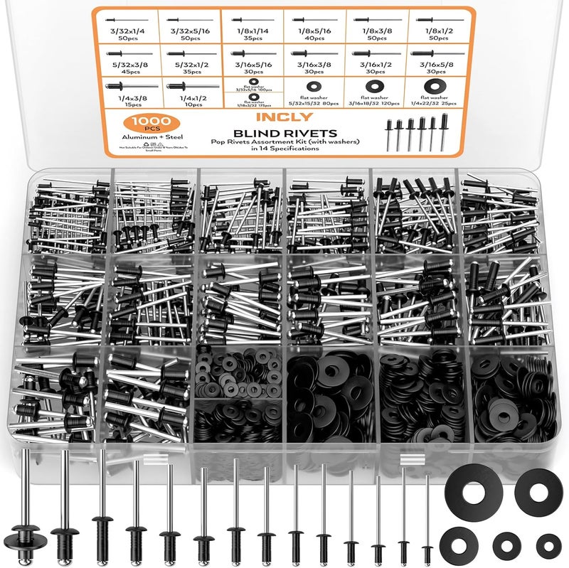 INCLY 1000PCS Pop Rivets Assortment Kit, 14 Sizes Black Rivets for Metal 3/32" 1/8" 5/32" 3/16" 1/4" and 5 Sizes 304 Stainless Steel Washers with Storage Case - Image 1